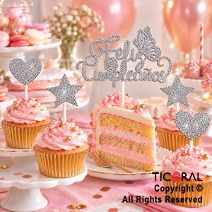 CAKE TOPPER FELIZ CUMPLEA�OS CON ESTRELLAS Y CORAZONES GIBRE PLATA